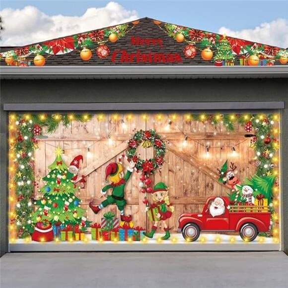 Garage Door Banner Cover 7 x 16 ft, Christmas Pine Tree  Christmas Garage Door Banner with Light 7 x 16 Ft Large Hanging Backdrop Door